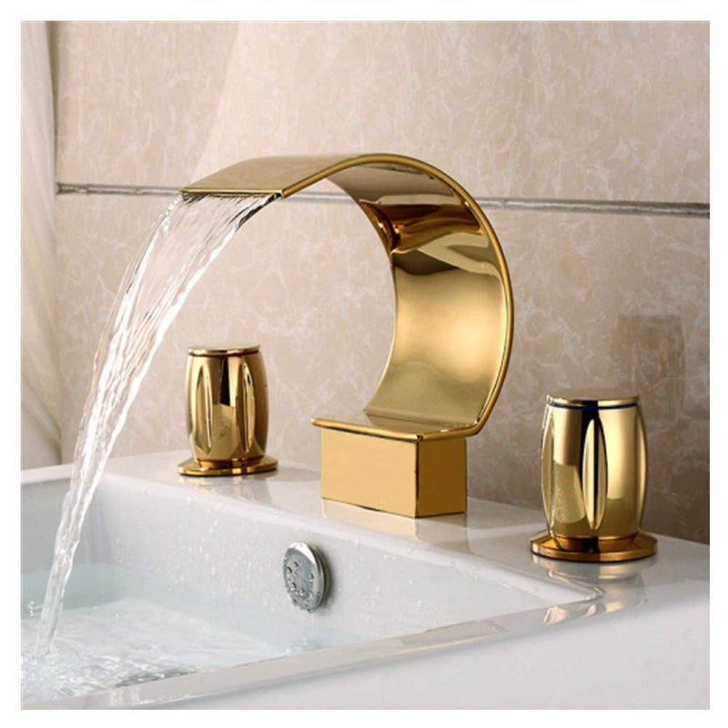 Sprinkle Elegant Waterfall Double Handle Bathroom Sink Faucet Arc Waterfall Spout Bathtub Filler Widespread Bathroom Faucet Gold - Image 1